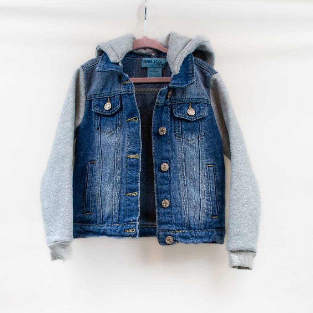 SOHO Boys Club - Button Up Jean Jacket With Cotton Sleeves And Removable Hood